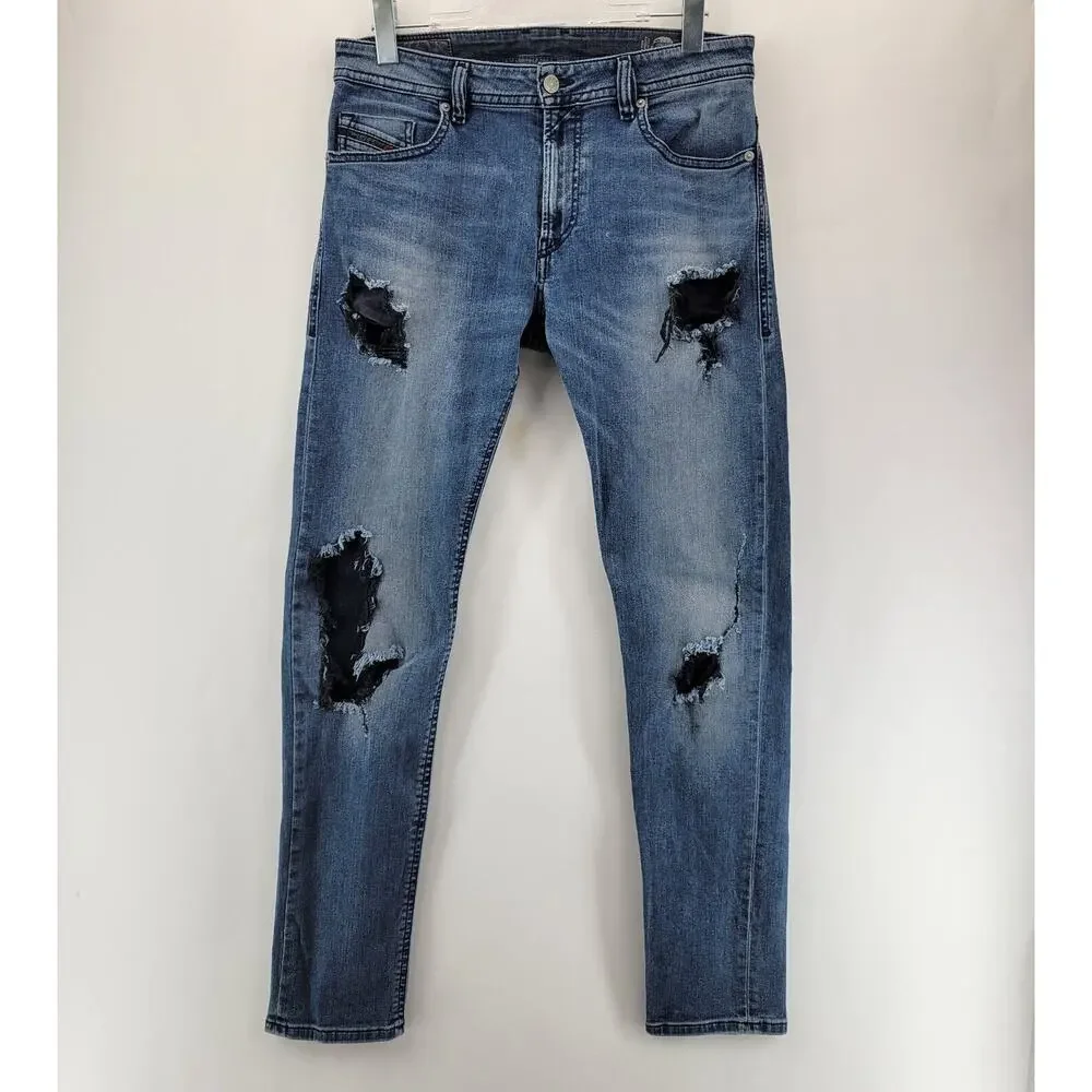 Diesel Jeans Mens 30x32 Thommer Slim Skinny Very Distressed Holes Rock And Roll